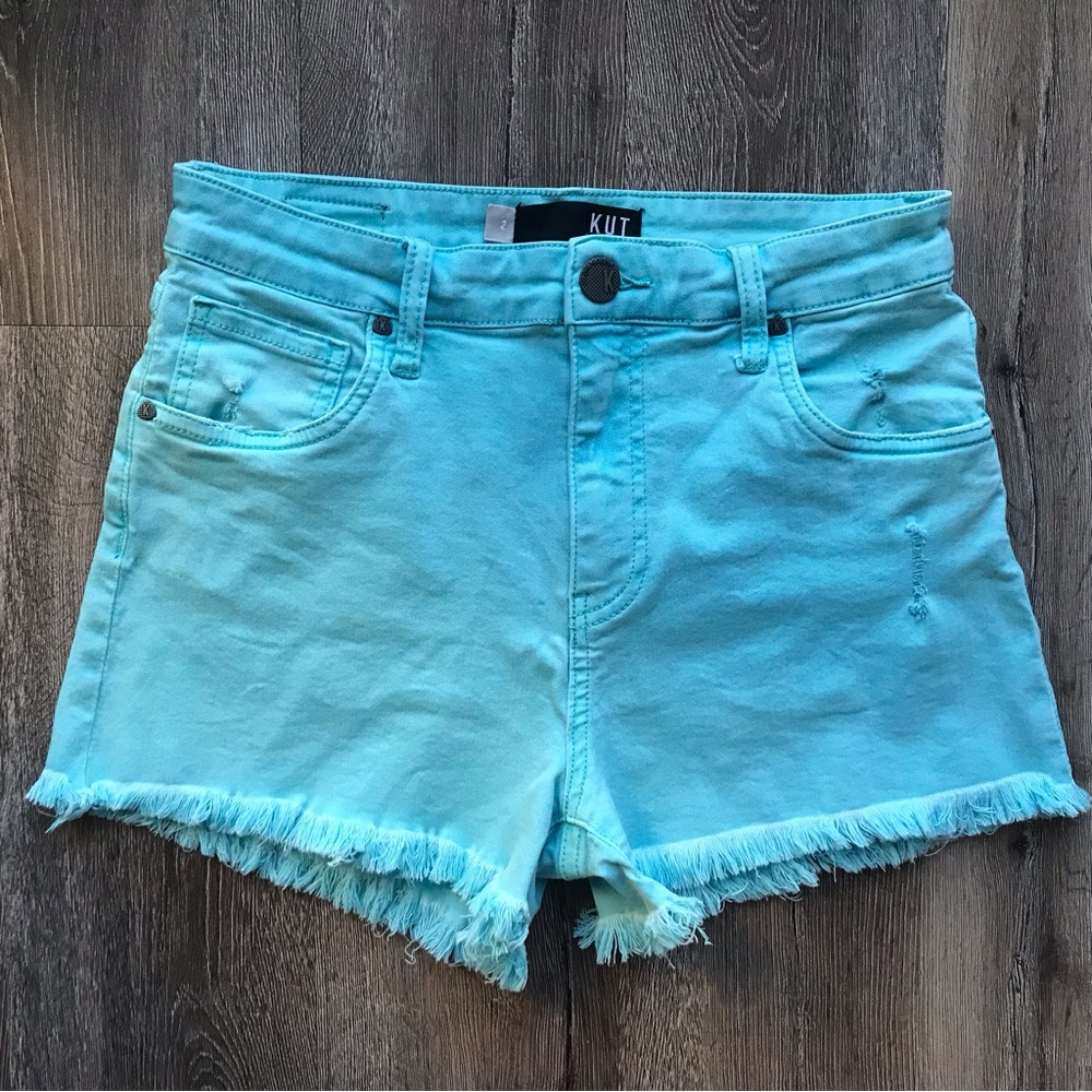 Kut from the Kloth Jane High Rise Distressed Denim Frayed Shorts in Teal